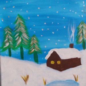 Cabin in the woods under the snow painting $335